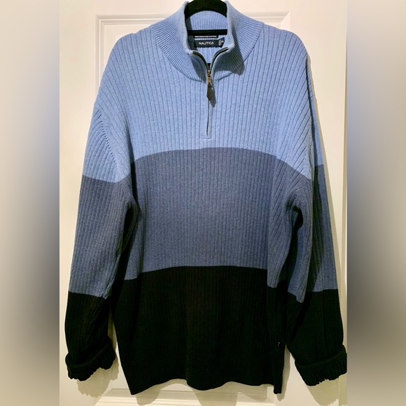 LN NAUTICA MENS COLOR BLOCK SWEATER. HALF ZIP FRONT COLLAR, LONG SLEEVES. - Picture 1 of 8